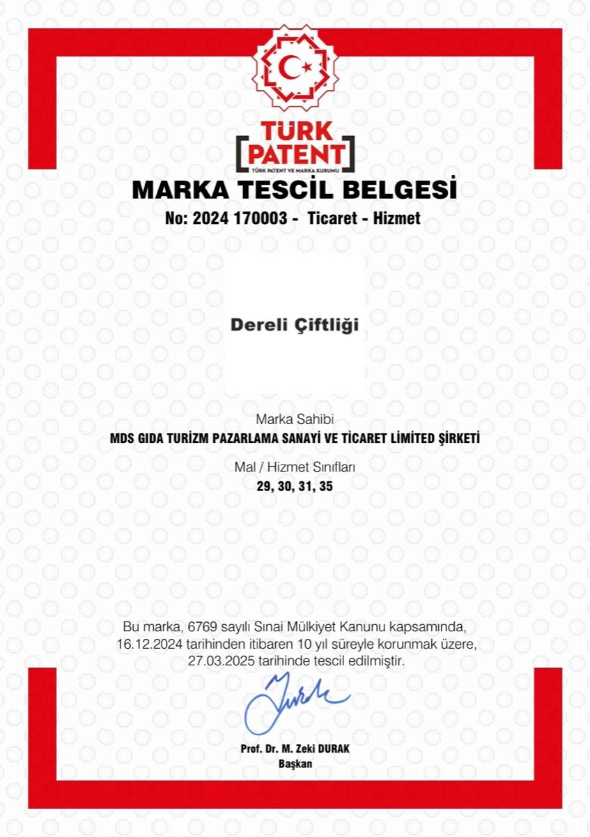 Dereli Çiftliği Marka Tescil belgesi (TÜRKPATENT)